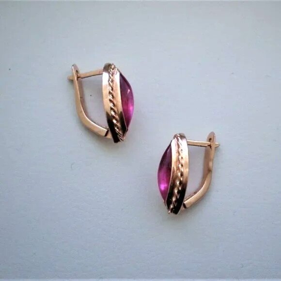 Vintage Russian Russia USSR 14K 585 Rose Gold Pink Tourmaline Marquise EARRINGS - Picture 3 of 8